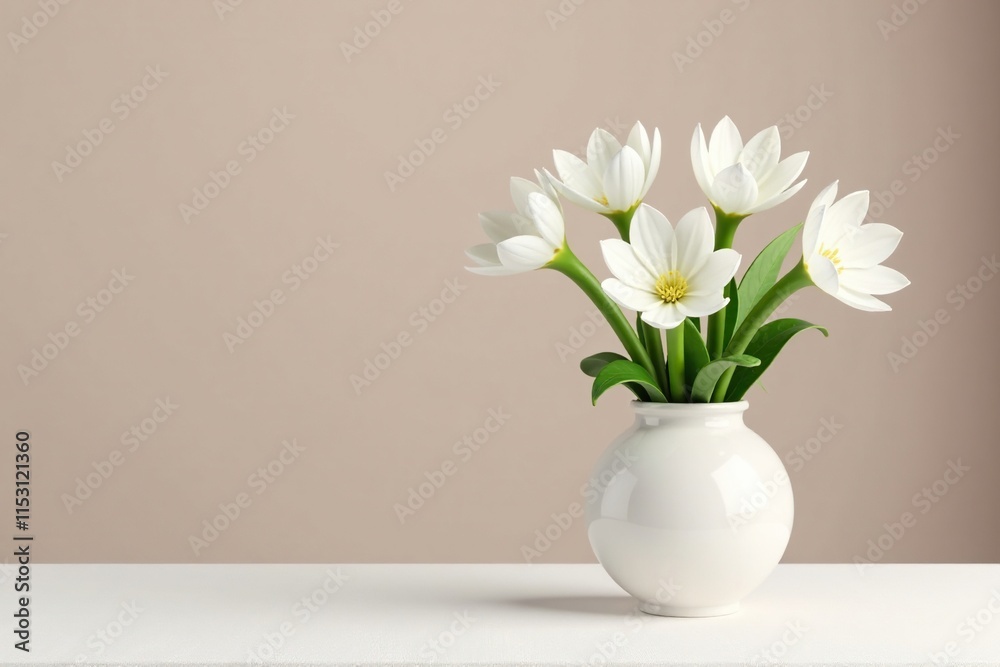 Simple white flowers in a minimalist vase on a plain tablecloth, elegant, flowers, modern Simple white flowers in a minimalist vase on a plain tablecloth, elegant, flowers, modern