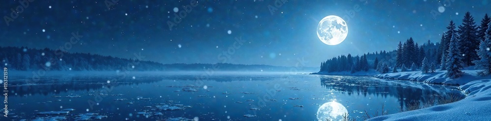 Snowflakes gently falling onto a frozen lake under a bright moon, frosty air, full moon Snowflakes gently falling onto a frozen lake under a bright moon, frosty air, full moon