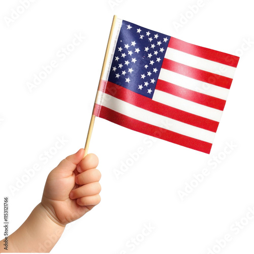 Baby hand holding American flag isolated on transparent background. photo