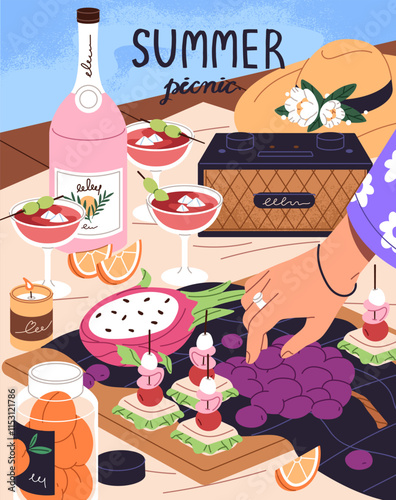 Summer picnic on sea beach card design. Food, drinks, fruits on blanket for romantic date at nature. Eating, having a breakfast outdoors with snacks, cocktails on weekends. Flat vector illustration