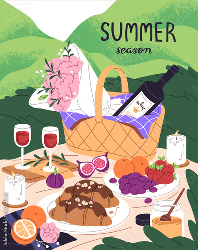 Picnic poster design. Flowers, wine bottle in basket for summer eating at nature. Card with food, fruit, glasses of drink, croissant dish on blanket. Romantic date outdoors. Flat vector illustration