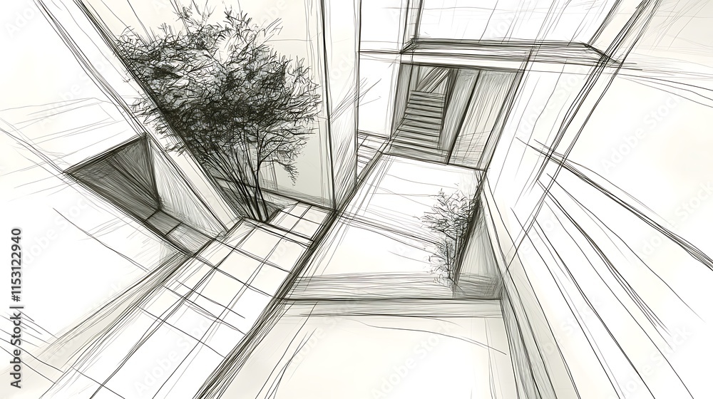 Obraz premium Stunning Architectural Sketch: Elevated View of Modern Interior Courtyard Design. AI Generated