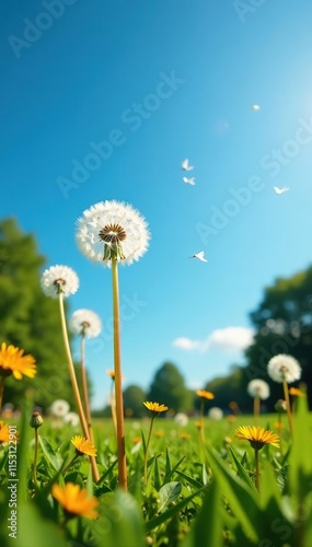Wide-angle photograph of dandelion seeds floating in the breeze under a bright blue sky with distant trees and flowers, botanical, clear blue sky, wide-angle photo