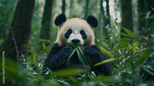 A Panda Enjoying Its Favorite Meal in the Bamboo Forest