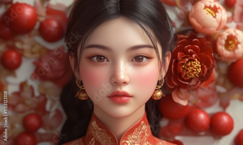 Captivating Portrait of a Young Woman Surrounded by Red Flowers and Fruits in Traditional Attire