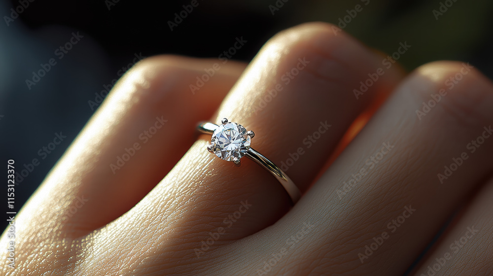 Obraz premium Close-up of the ring on her finger, a white gold solitaire engagement ring with a large round diamond