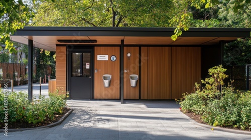 Modern Wooden Public Restroom Building in a Park