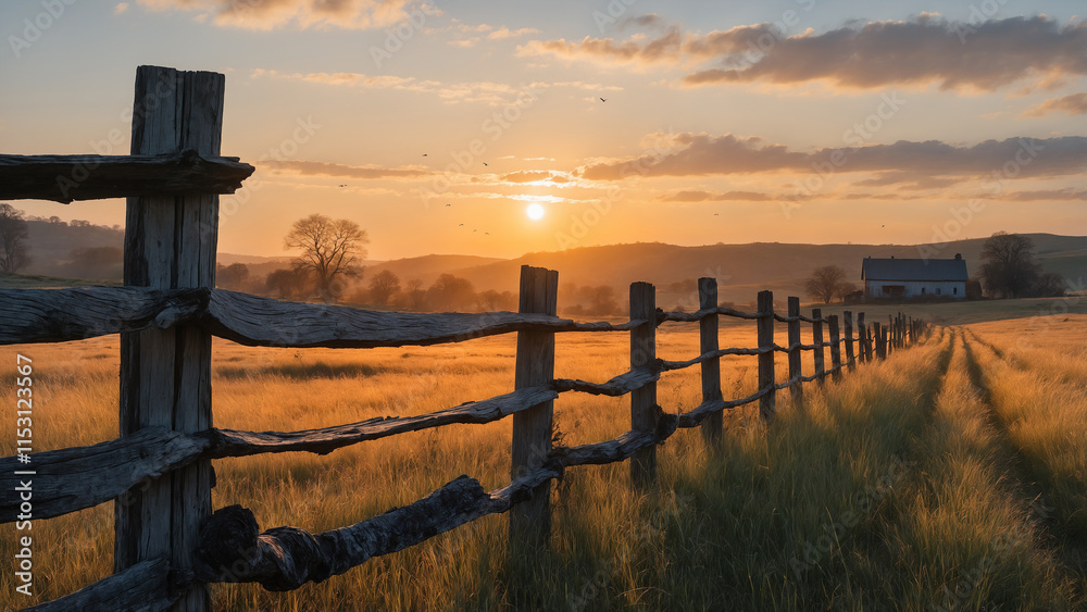 Obraz premium Sunset Over a Rustic Fence