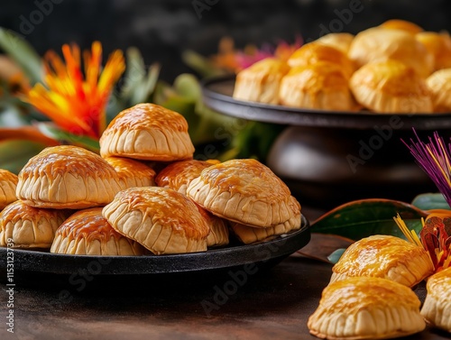 A vibrant display of golden-brown Purim pastries arranged on elegant plates, surrounded by exotic flowers and festive decor, creating a celebratory atmosphere photo