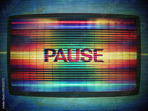 TV screen texture with glitch text PAUSE, GENERATIVE AI