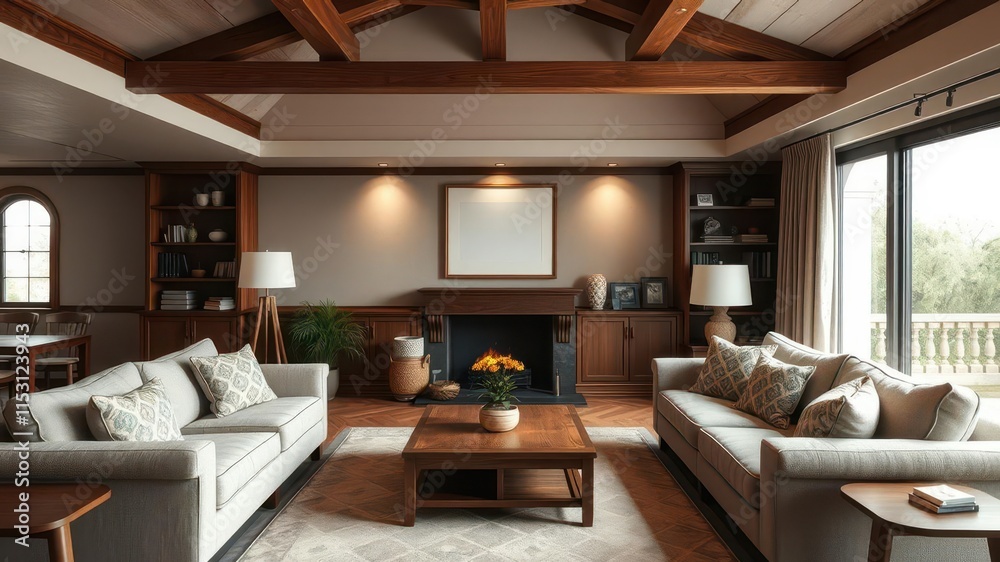 Elegant and cozy living room with plush couches, wooden furniture, decorative pillows, and soft lighting, interior, home Elegant and cozy living room with plush couches, wooden furniture, decorative pillows, and soft lighting, interior, home