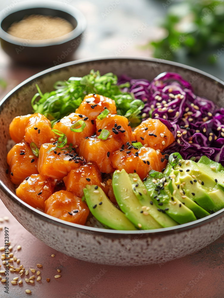 Delicious poke bowl with salmon and fresh vegetables. Delicious poke bowl with salmon and fresh vegetables.