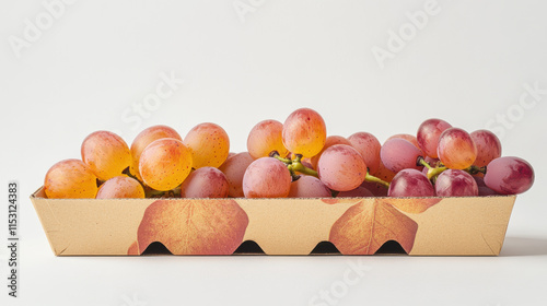 a bold, artistic portrayal of sunset orange grapes in contemporary eco-friendly cardboard packaging, soft matte finish on the box, the grapes glowing against a pure white background, ultra-detailed te photo