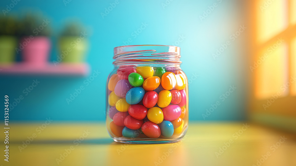 Jar filled with colorful candy on a bright table. Jar filled with colorful candy on a bright table.