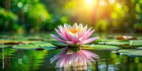 A delicate water lily flower floats on a serene lake surface, surrounded by lush greenery and vibrant aquatic plants
