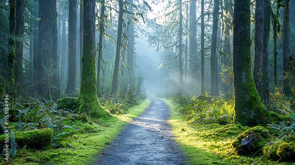Fototapeta premium A tranquil forest path surrounded by moss-covered trees, soft morning mist rising, gentle sunlight breaking through the canopy, a calm and reflective mood, symbolic of digital detox and emotional