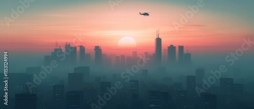 Fototapeta Naklejka Na Ścianę i Meble -  City skyline at sunset with misty atmosphere and a helicopter in the distance.