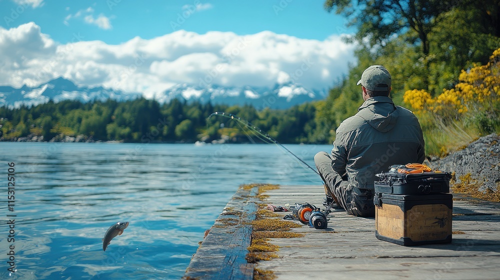 Obraz premium A person fishing peacefully by a lake surrounded by mountains and greenery.