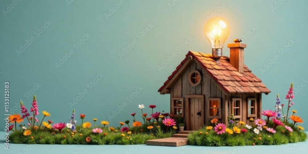 Obraz premium Illuminated Cottage Amidst Blooming Meadow A Symbol of Springtime Energy and Domestic Bliss