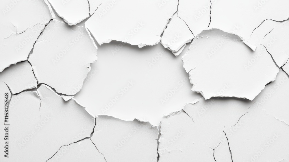 Fototapeta premium Cracked wall surface with white paint peeling, revealing imperfections and texture. This highlights details of wall damage and wear, creating striking visual impact