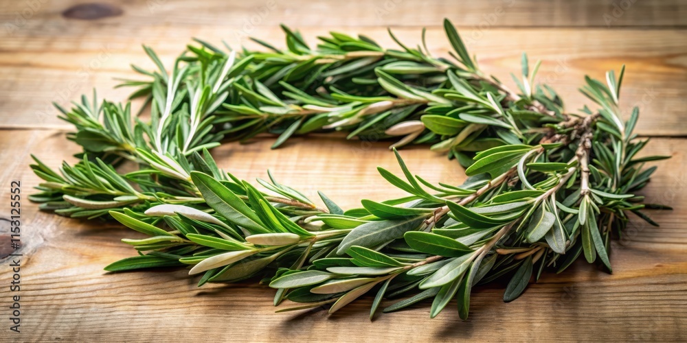Freshly harvested olive leaves intertwined with rosemary and thyme branches , natural, Mediterranean Freshly harvested olive leaves intertwined with rosemary and thyme branches , natural, Mediterranean