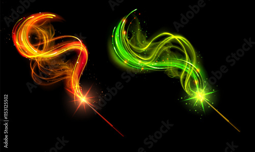 Magic wands set isolated on black background. Vector realistic illustration of neon orange, green light trails, sparkling fairytale swirls with glowing glitter particles, fantasy spell energy vortex