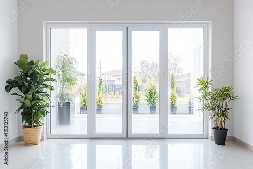 Bright Living Room Entrance with Glass Doors, Indoor Plants, and Minimalist Decor photo