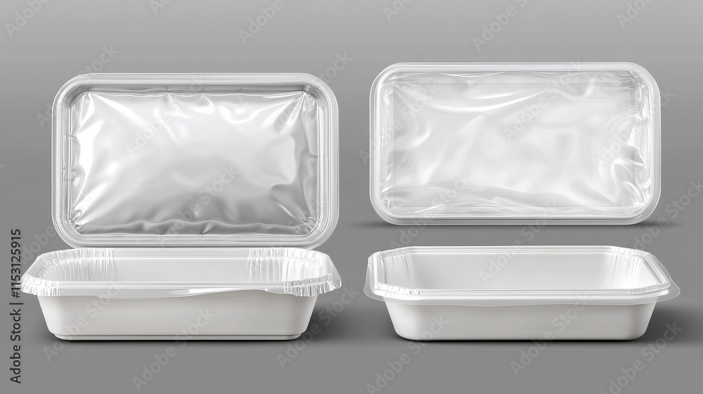 White plastic container and styrofoam tray with transparent wrap foil cover. Realistic 3d vector top view box mockup for product storage and take away concept. package for lunch and meal keeping. White plastic container and styrofoam tray with transparent wrap foil cover. Realistic 3d vector top view box mockup for product storage and take away concept. package for lunch and meal keeping.