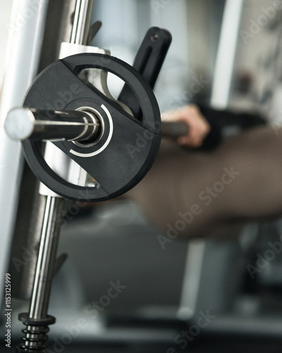 Girl performs exercise on gluteal muscles in Smith's trainer in gym. Bumper plate on barbell. Gluteal bridge. Power fitness training. Weight Workout . Functional training. Wellness, fitness concept