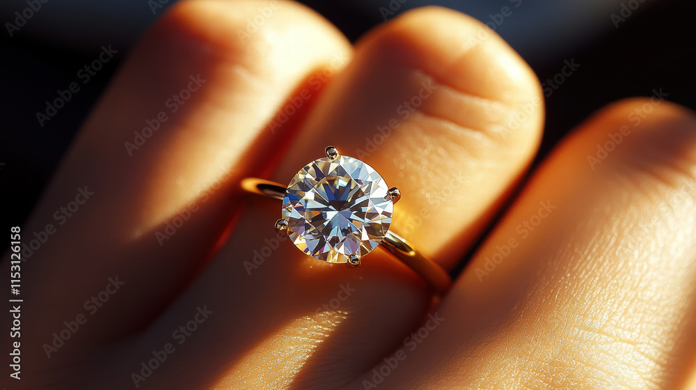 Close-up of the ring on her finger, a white gold solitaire engagement ring with a large round diamond Close-up of the ring on her finger, a white gold solitaire engagement ring with a large round diamond