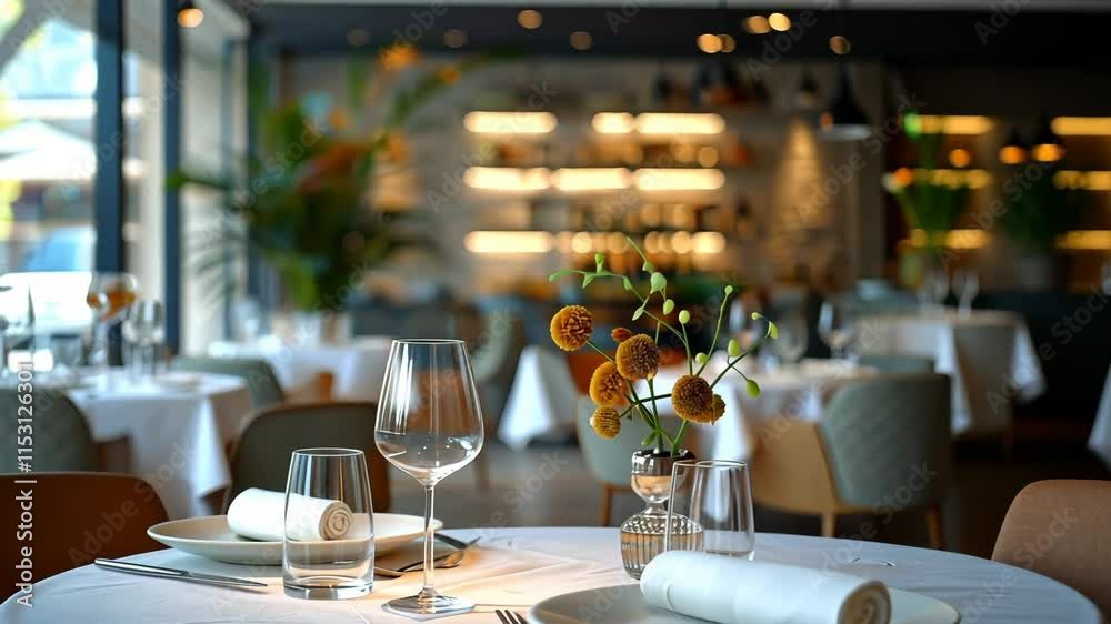 Elegant dining setup with a white tablecloth, wine glasses, and fresh flowers in a sunny restaurant ambiance.