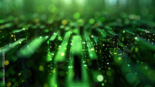 Abstract green digital landscape with glowing particles and depth effect.