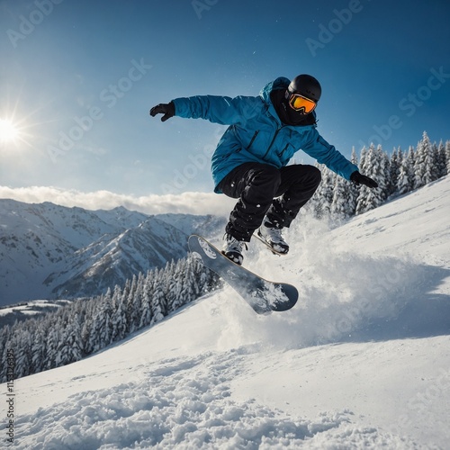 An action-packed scene of a snowboarder jumping off a snowy hill in a winter landscape. 