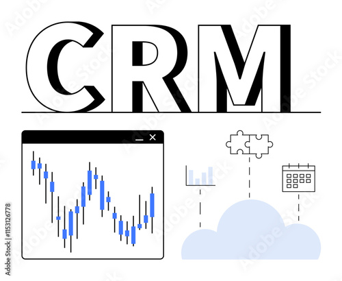 CRM text above a graph in a window, cloud with chart, puzzle piece, and calendar. Ideal for sales tracking, data management, automation, cloud solutions, business analytics process integration