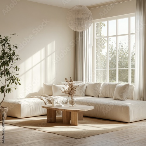 The interior of the living room with a sofa and a large window in light warm shades