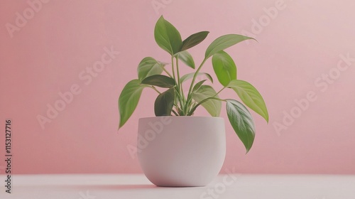 Fresh Green Houseplant in Matte White Pot on Clean Surface with Soft Pastel Background photo