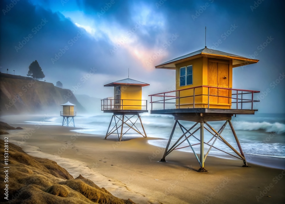 Foggy Santa Cruz Beach: Lifeguard Towers & Coastal Scene Foggy Santa Cruz Beach: Lifeguard Towers & Coastal Scene