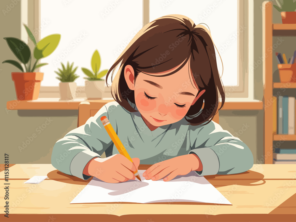 illustration A young child sitting at a table, holding a yellow pencil and writing on a blank sheet of paper. The child is wearing pastel colors with a close-up illustration A young child sitting at a table, holding a yellow pencil and writing on a blank sheet of paper. The child is wearing pastel colors with a close-up