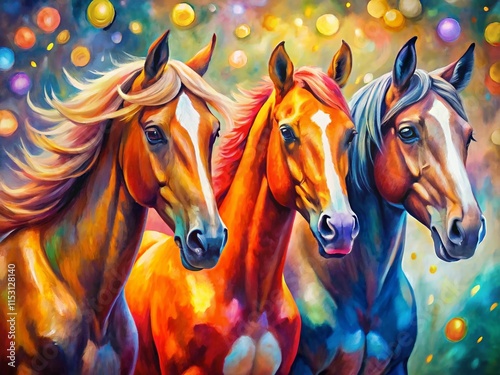 Folk Art Horses Bokeh Effect - Whimsical Equestrian Painting Stock Photo photo