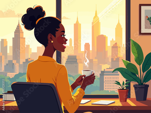 businesswoman drinking coffee in office. Back view relaxed professional taking break for coffee cup