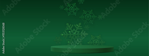 Green winter scene with circular podium display - sparkling snowflakes with illuminated crystal decorations floating on dark emerald background. Christmas holiday or seasonal product showcase.