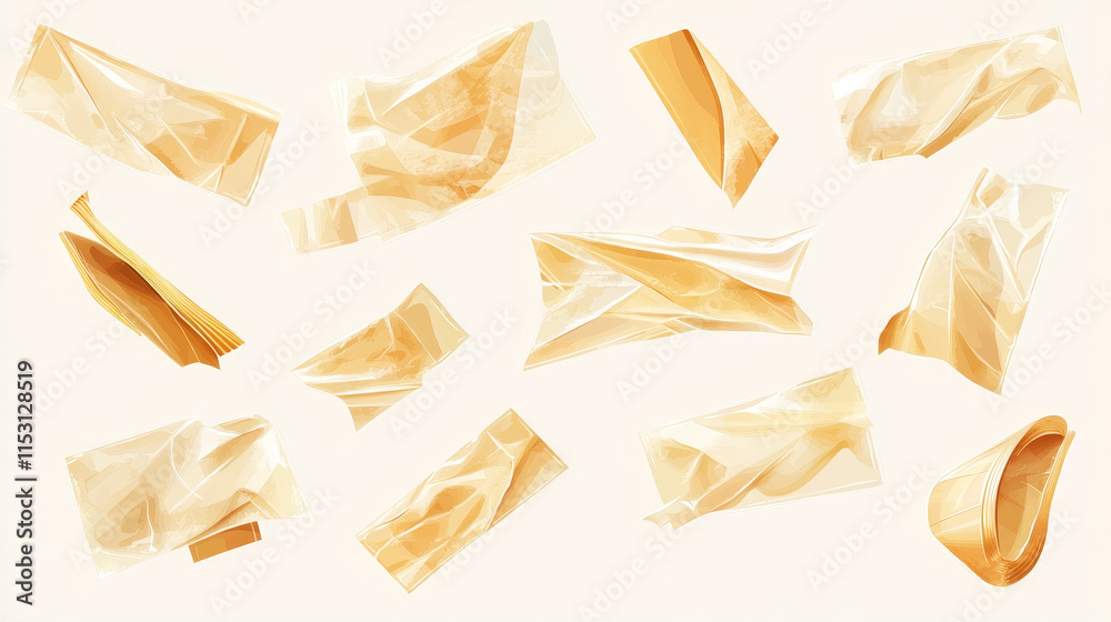 Realistic set of adhesive plastic tape isolated on transparent background. Vector illustration of crumpled sticky strip for packaging, fixing of damage, wrinkled cellophane strips, glued patches Realistic set of adhesive plastic tape isolated on transparent background. Vector illustration of crumpled sticky strip for packaging, fixing of damage, wrinkled cellophane strips, glued patches