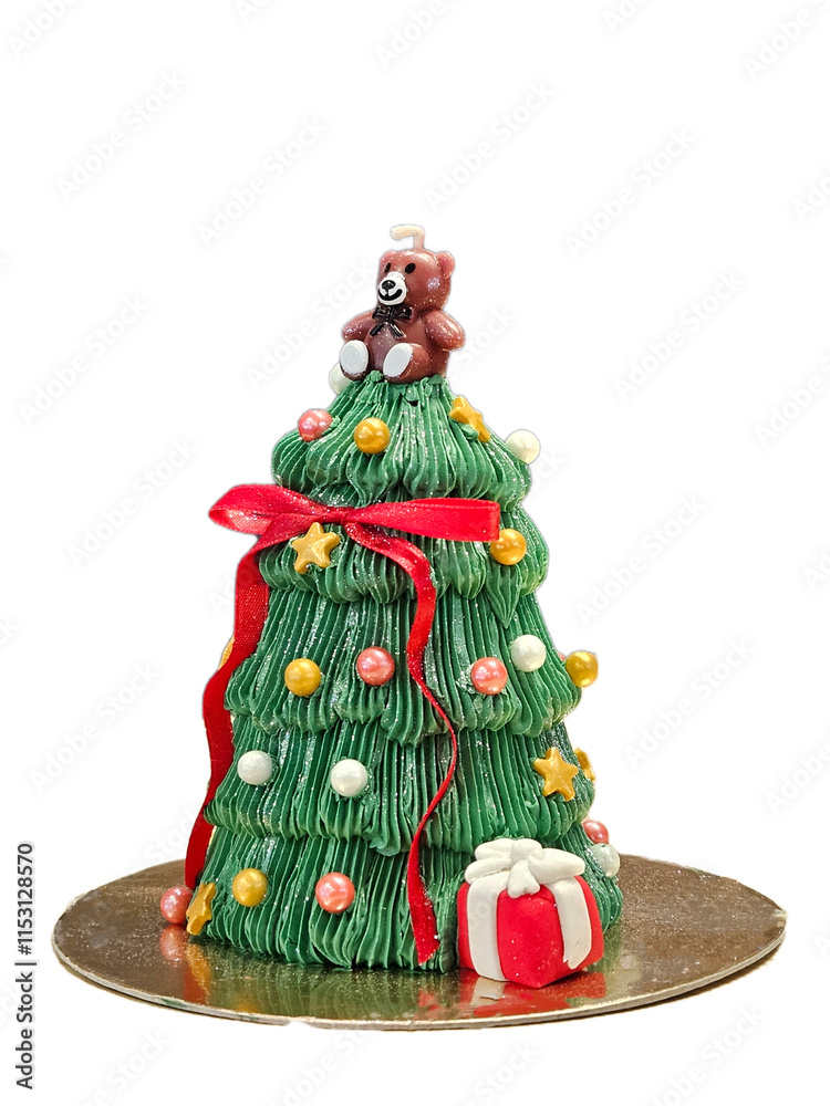 Green color Christmas tree shape cake and red color ribbon bow with teddy bear candle