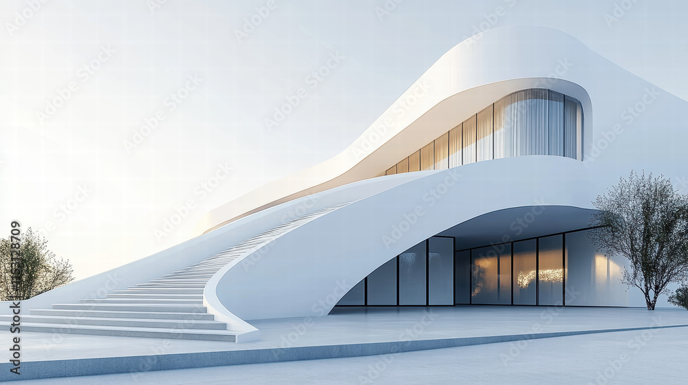Obraz premium Modern white building with curved walls and stairs, exterior view, architectural rendering, minimalist style