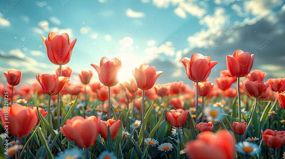Fototapeta premium A Springtime Dream: Fields blooming with vibrant flowers in spring