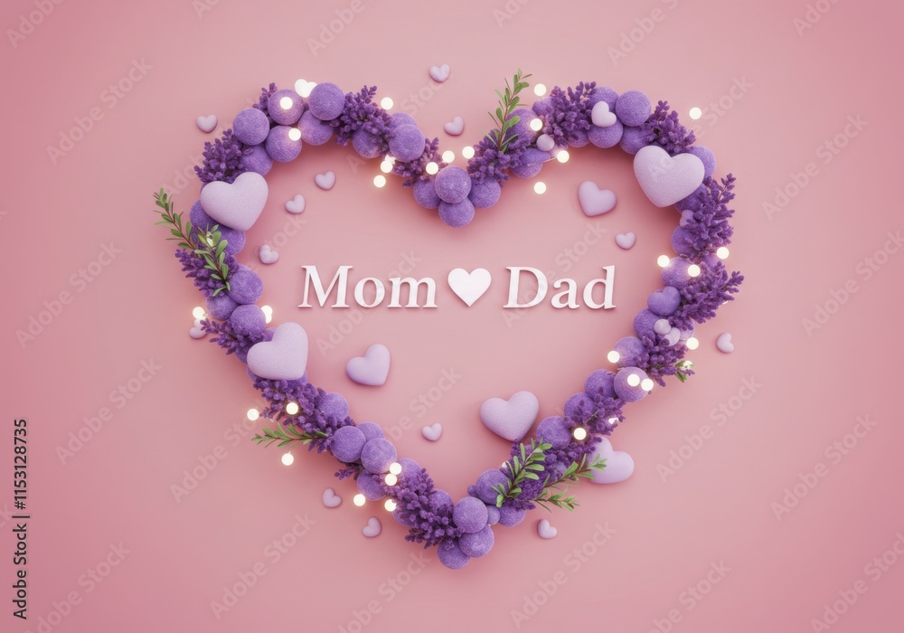 Obraz premium MOM & DAD written above a heart shape of fluffy purple flowers with pink hearts and green leaves scattered around