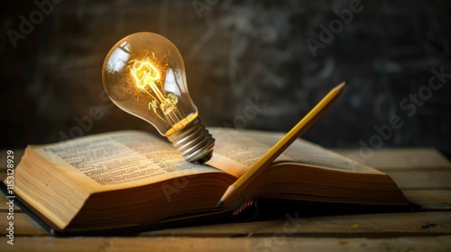 A Glowing Light Bulb Resting on an Open Book with a Pencil