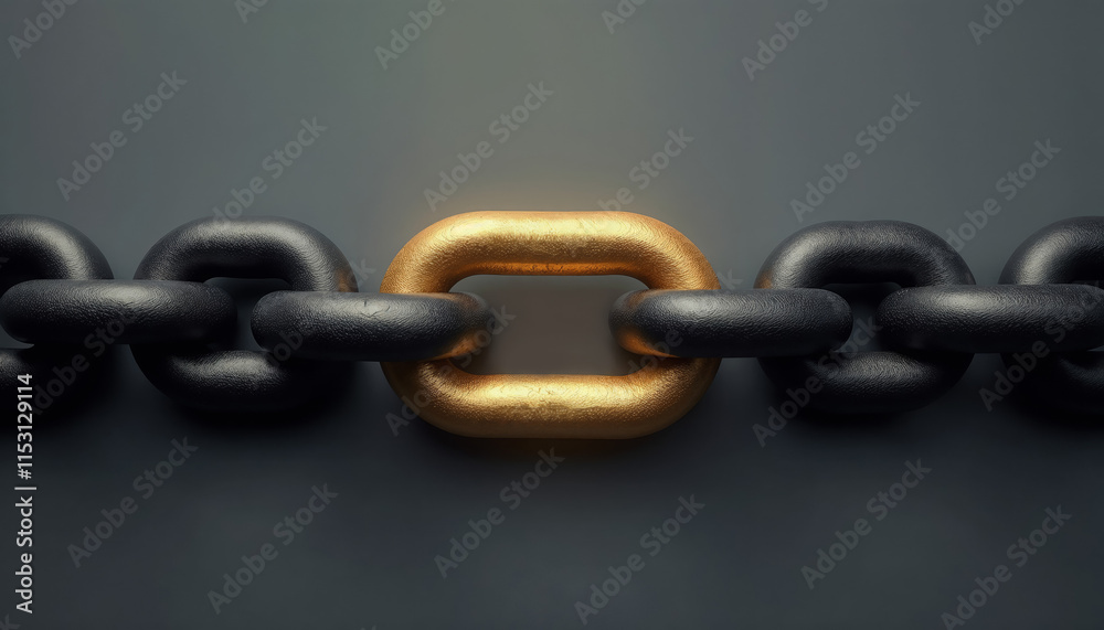 Fototapeta premium Horizontal chain with black and gold links on gray background.Strength. Connection. Unbreakable bond.Concept illustrations, industrial designs, symbolic graphics.