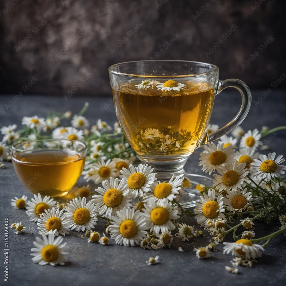 Reflective mirror cup of chamomile tea with fresh chamomile flowers as garnish. Reflective mirror cup of chamomile tea with fresh chamomile flowers as garnish.