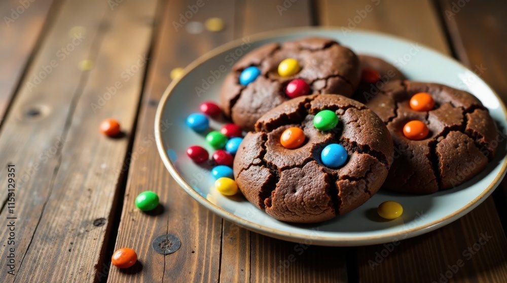 A plate of delicious, chocolate cookies, adorned with colorful candy pieces, rests on a rustic wooden surface. A plate of delicious, chocolate cookies, adorned with colorful candy pieces, rests on a rustic wooden surface.